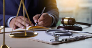 A person in a suit is writing on a notebook with a gavel, scale of justice, clipboard, and stethoscope on the table.